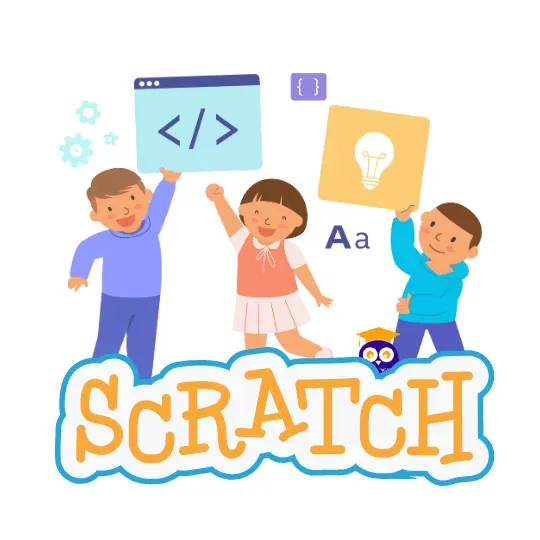 Trois enfants heureux tenant des pancartes avec du code avec l'inscription Scratch affichée au premier plan