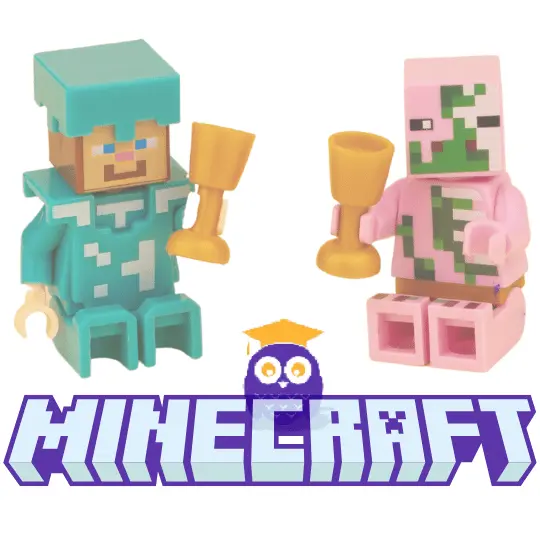 Deux robots tenant une coupe, avec le hibou de KidnKod caché derrière l'inscription 'Minecraft' au premier plan